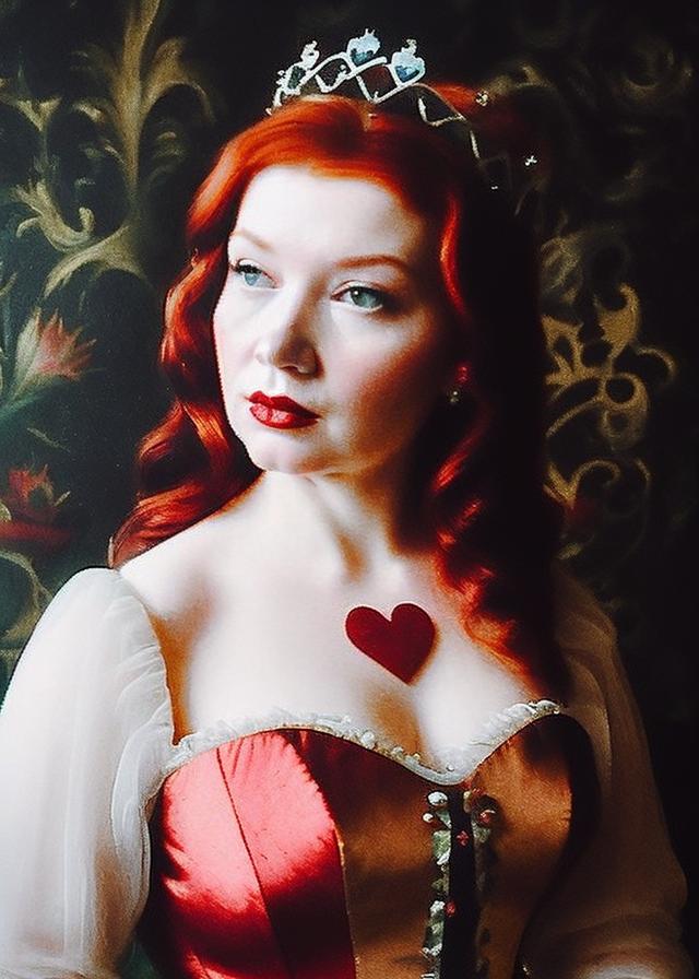 Artificial Intelligence (AI) generated image art, ..., ((renaissance painting)), woman with auburn hair, ((queen of hearts)), baroque painting, ((dark blurry background)), queen, royalty, crown