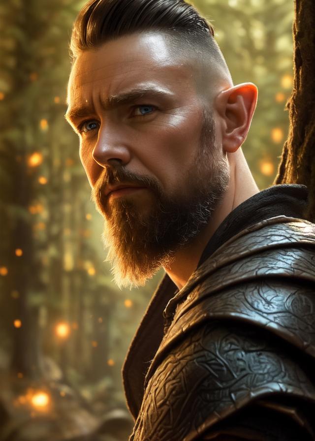 Artificial Intelligence (AI) generated image art, ...,..., ((portrait)), fantasy wood elf, (pointy elf ears), ((fantasy ranger)), man bun hair, close up, facing front, dnd art, (art by Greg Rutkowski), highly detailed, sharp focus, 4k, ((in a forest)), (((magic glow)))