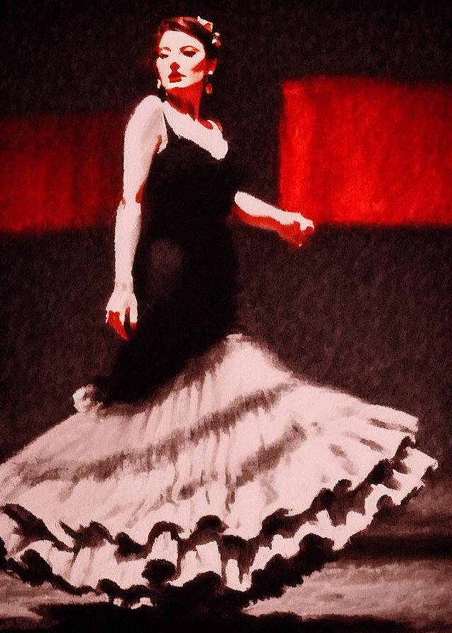 Artificial Intelligence (AI) generated image art, ..., portrait, ((flamenco dancer)), ((madrid spain background)), night time, dark lighting, ((impressionist painting))