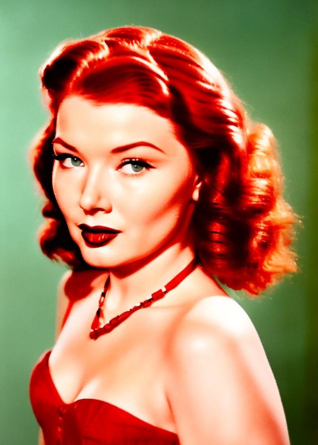 Artificial Intelligence (AI) generated image art, ..., film portrait, woman with auburn hair, ((technicolor)), ((film photography)), ((old hollywood)), ((1940s)), ((movie star)), ((red lipstick))