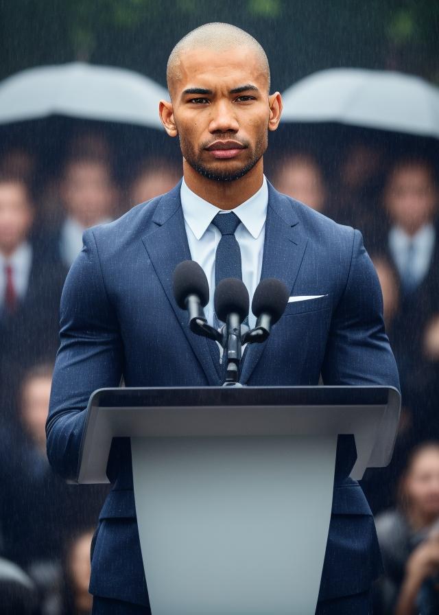 Artificial Intelligence (AI) generated image art, ... addressing a crowd of people, early morning rain, portrait, 8k, cinematic, ultra-detailed, photorealistic, extremely sharp focus, people in the background, dressed in suit