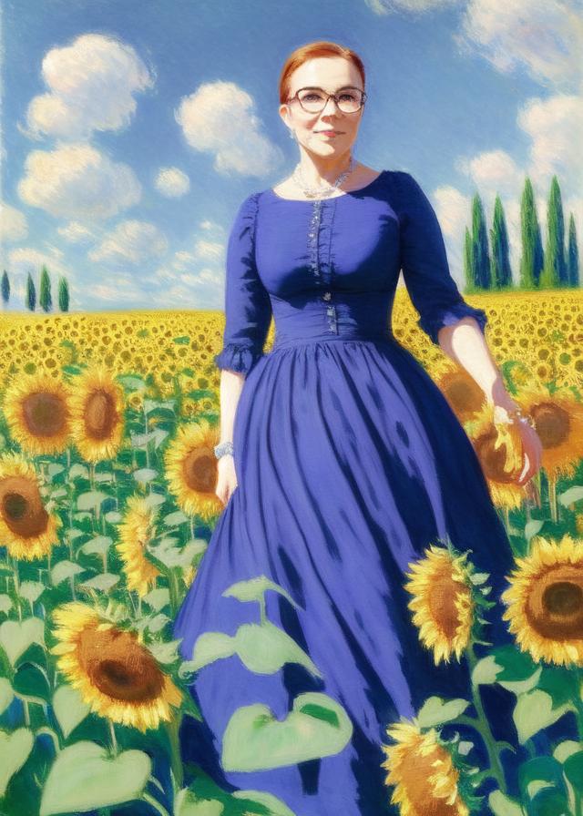 Artificial Intelligence (AI) generated image art, ..., a painting by Claude Monet, sunflowers, blue dress
