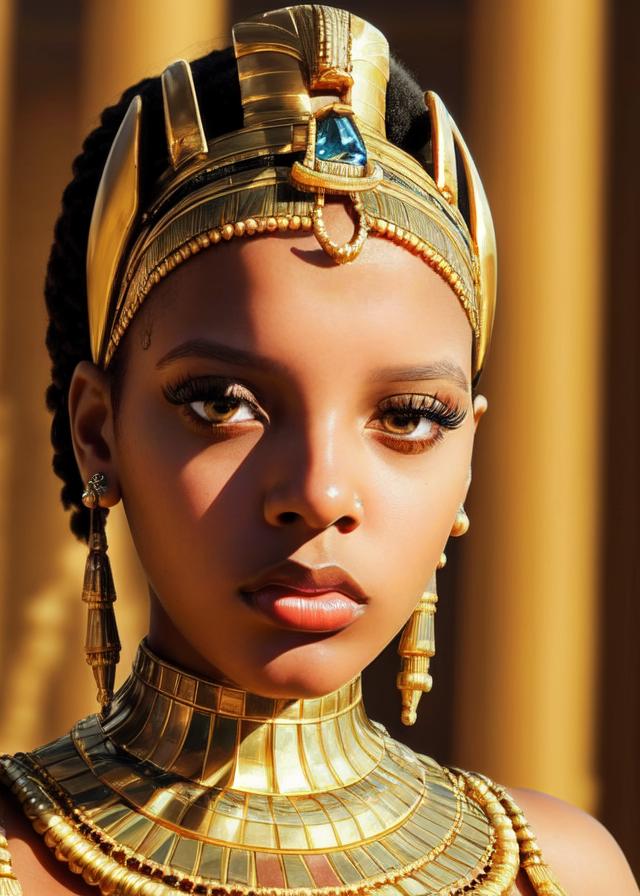 Artificial Intelligence (AI) generated image art, ..., Intense close-up of a young and fresh, Egyptian queen cleopatra , dressed in an elegant dress with jewelry, determination and grit in sharp focus, eyes blazing with determination. Serenity, Determination, Survival, George Miller Style.
