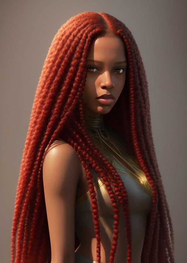 Artificial Intelligence (AI) generated image art, ... with brown skin, as red hood with long hair, ((portrait)), elegant, photorealistic, highly detailed, artstation, smooth, grey and red ornaments, smooth lighting, sci-fi, art by Klimt