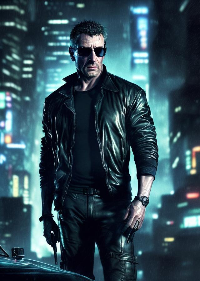 Artificial Intelligence (AI) generated image art, night portrait, ((dark lighting)), (urban background), photorealistic, cinematic, highly detailed, sharp focus (((75 kilogram))), (((fit body))), (((healthy)) (( 40 years old)) wearing sunglasses and a black unbuttoned shirt, highly detailed, UHD, 8K, Ghost in the shell, Blade Runner, Trending on artstation, bokh, dof\"