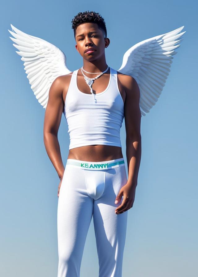 Artificial Intelligence (AI) generated image art, ..., (portrait as handsome teen male angel with white wings) full body, clear blue sky in the background, hyperrealistic, highly detailed, white underwear, white tank top, wide angle lens, show complete body, foot facing camera,  white shirt, five fingers on each hand