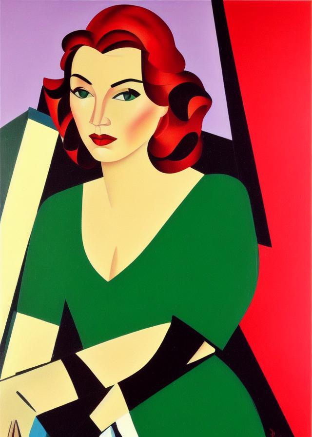 Artificial Intelligence (AI) generated image art, ..., (cubist painting), (by Tamara de Lempicka), (red hair), (green dress), (1930s hairstyle), (1930s)