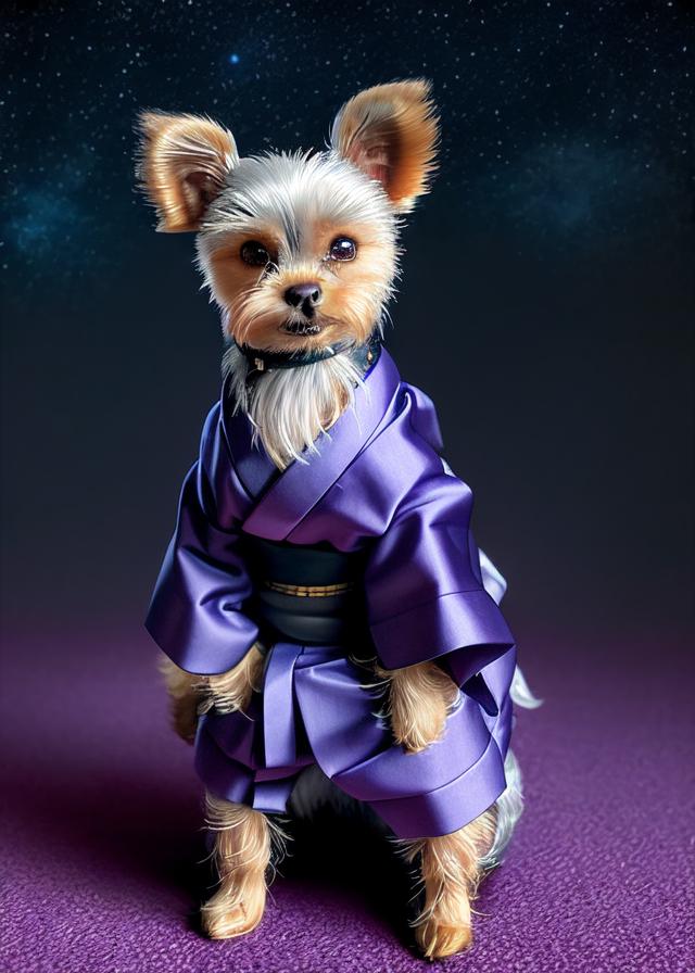 Artificial Intelligence (AI) generated image art, cute anthropomorphic samurai (...) standing in a colorful kimono, starry sky background, blue hour with purple tint, art by greg rutkowski, portrait, well lit subject, full body