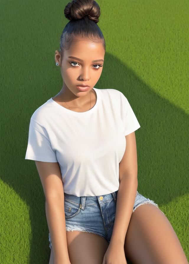 Artificial Intelligence (AI) generated image art, ... with a slick up bun, with brown skin, sitting on grass wearing a white tshirt with jeans, facing camera, photorealistic, highly detailed, sunlight shining, ((portrait))