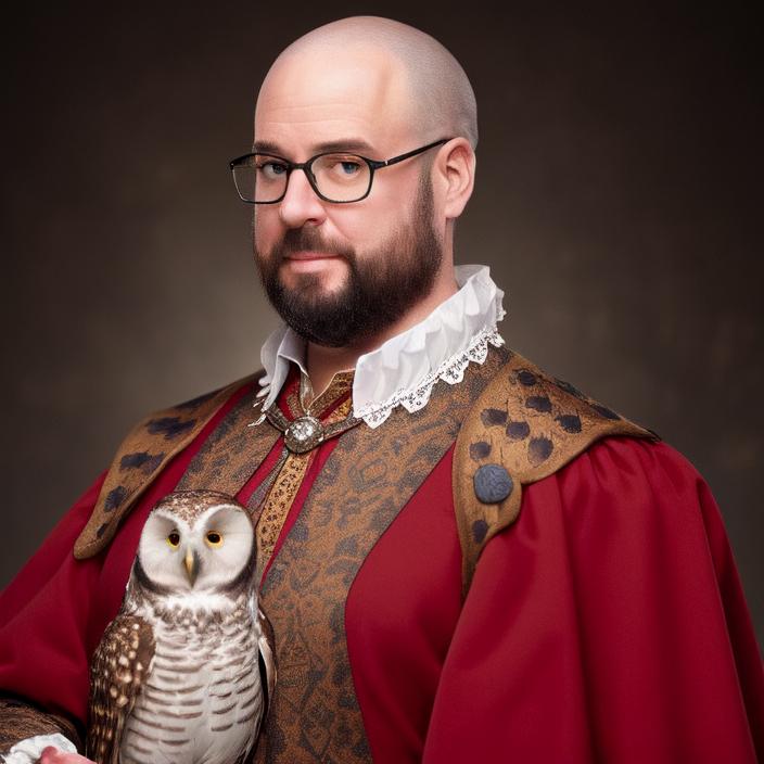 Artificial Intelligence (AI) generated image art, ..., headshot, historic portrait, owl perched on shoulder, wearing renaissance clothing, warm background
