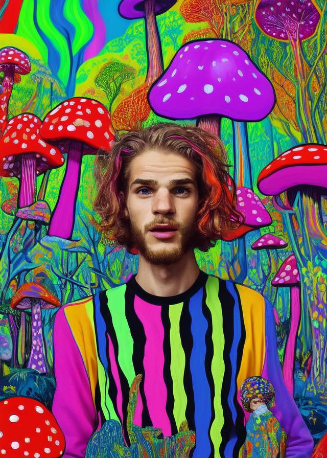 Artificial Intelligence (AI) generated image art, pop surrealistic painting of ... in the middle of colourful mushroom forest, strong use of psychedelic colours, psychedelic mood, acid, extremely detailed, strong use of paint brush, 8k