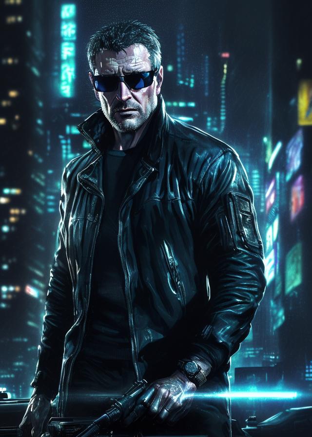 Artificial Intelligence (AI) generated image art, night portrait, ((dark lighting)), (urban background), photorealistic, cinematic,  highly detailed, sharp focus (((75 kilogram))), (((fit body))), (((healthy)) (( 40 years old)) wearing sunglasses and a black unbuttoned shirt, highly detailed, UHD, 8K, Ghost in the shell, Blade Runner, Trending on artstation, bokh, dof\"