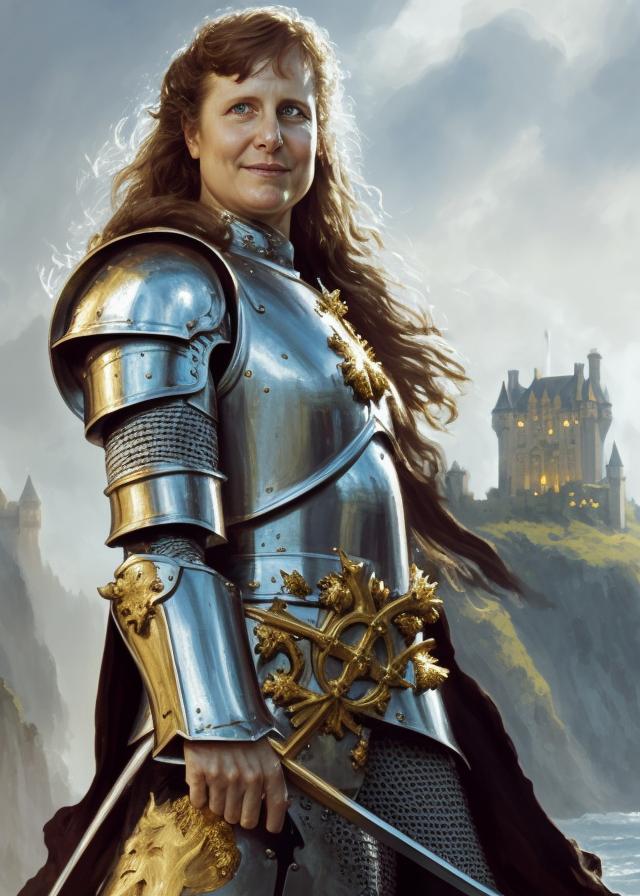 Artificial Intelligence (AI) generated image art, ..., ((portrait)), close-up, fantasy medieval knight, dnd, ((in white armor with golden symbols)), flowing hair, (castle in background), art by Greg Rutkowski, highly detailed, sharp focus, 4k