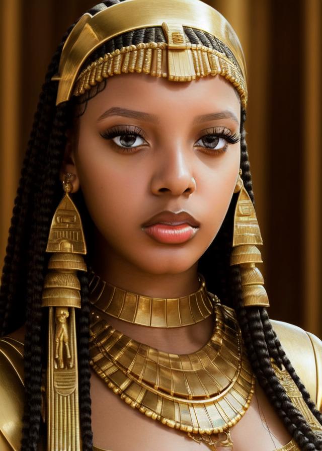Artificial Intelligence (AI) generated image art, ..., Intense close-up of a young and fresh, Egyptian queen cleopatra , dressed in an elegant dress with jewelry, determination and grit in sharp focus, eyes blazing with determination. Serenity, Determination, Survival, George Miller Style.