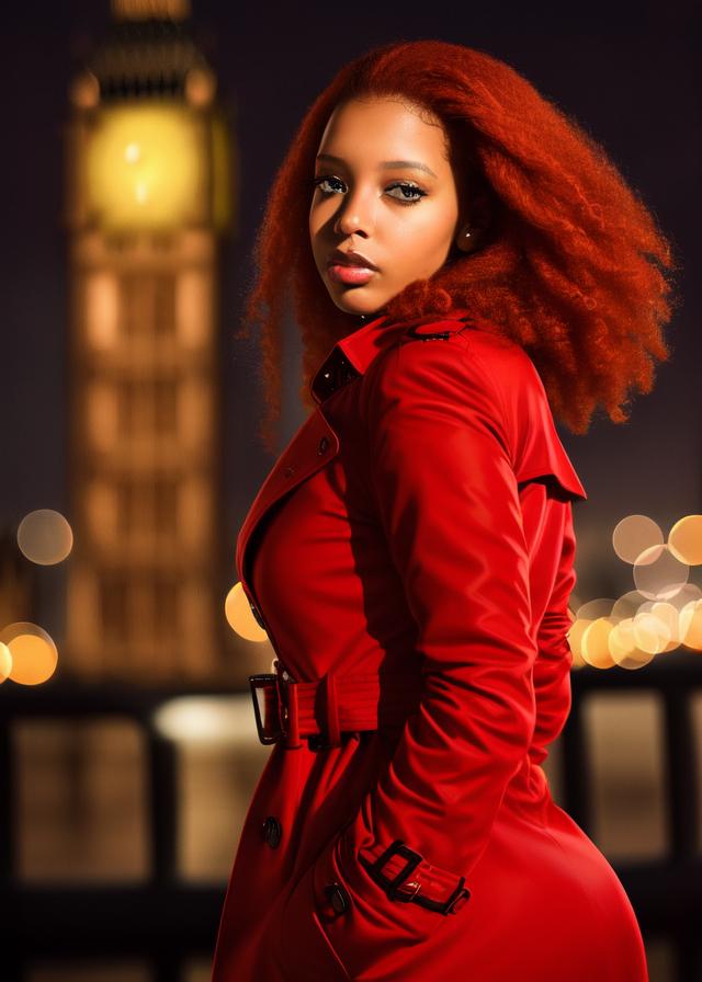 Artificial Intelligence (AI) generated image art, ..., realistic portrait, woman with auburn hair, bright, ((nighttime)), ((dark lighting)), ((london background)), ((bokeh background)), ((red trench coat))
