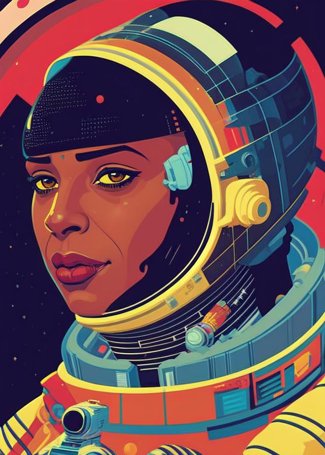Artificial Intelligence (AI) generated image art, ..., ( ( dither ) ), editorial illustration young astronaut woman in space, modern art deco, colorful, ( ( mads berg ) ), christopher balaskas, victo ngai, rich grainy texture, detailed, dynamic composition, wide angle, moebius, matte print