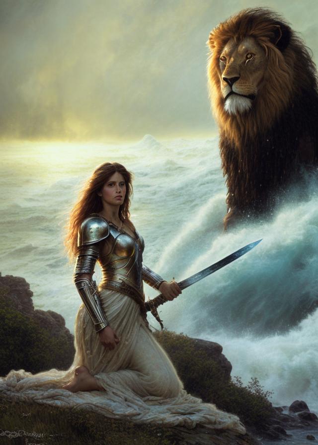 Artificial Intelligence (AI) generated image art, ..., as fantasy, beautiful, spartan, female, warrior, after battle, kneeling, holding sword in right hand, (right hand of Zeus on her left shoulder), (full armor), long, flowing hair, (realistic photo), digital, epic scene, (highly detailed), (faded image of a lion in background sky), storms and raging ocean in background, sharp faces, art by Greg Rutkowski, art by Klimt, art by Gaston Bussiere, tired expression, 8K