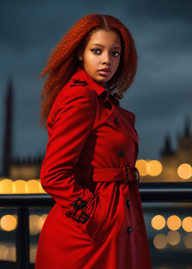 Artificial Intelligence (AI) generated image art, ...,  realistic portrait, woman with auburn hair, bright, ((nighttime)), ((dark lighting)), ((london background)), ((bokeh background)), ((red trench coat))