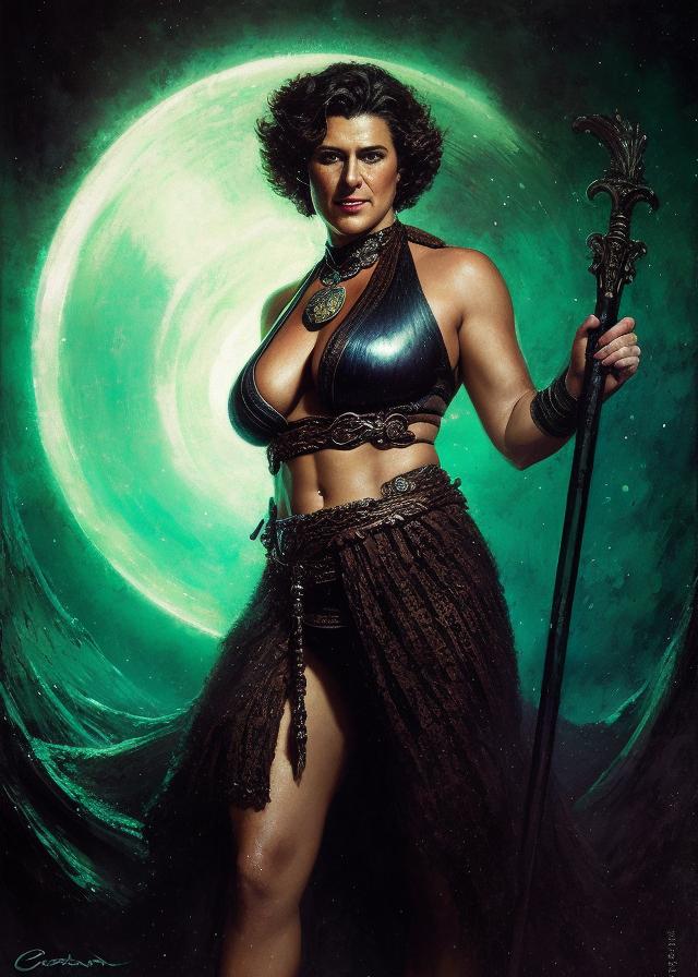 Artificial Intelligence (AI) generated image art, ..., handsome portrait and torso of a well-formed spartan woman, large bust, full body, short dark hair, caustics, war hero, fighting pose, dark background, psychedelic dmt, by gaston bussiere, bayard wu, greg rutkowski, giger, maxim verehin