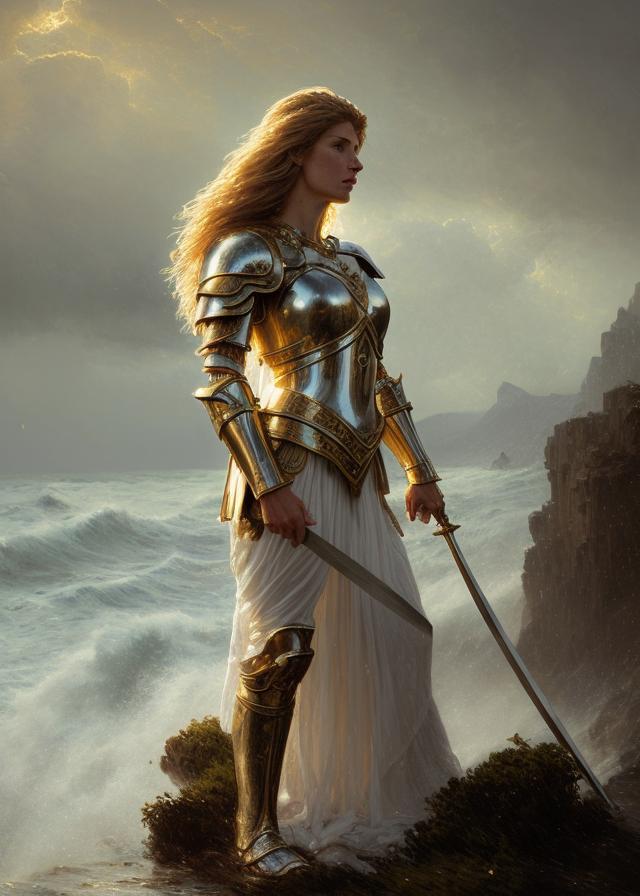 Artificial Intelligence (AI) generated image art, ..., as fantasy, beautiful, female, knight, after battle, kneeling, holding sword in right hand, (right hand of Zeus on her left shoulder), (full white armor with gold symbols), long, flowing hair, ((portrait and torso)), digital, epic scene, epic light (highly detailed), (faded image of a lion in background sky), storms and raging ocean in background, sharp faces, by Greg Rutkowski and Klimt and Gaston Bussiere, tired expression, 4K, intricate detailed, fine details, artstation, masterpiece