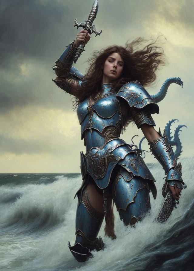 Artificial Intelligence (AI) generated image art, ...,  as fantasy, beautiful, female, warhammer marine, in battle, holding sword in right hand, (fighting a blue dragon and grey dragon), (full armor), long, flowing hair, ((portrait and torso)), digital, epic scene, epic light (highly detailed), (faded image of a lion in background sky), storms and raging ocean in background, sharp faces, by Greg Rutkowski and Klimt and Gaston Bussiere, tired expression, 4K, intricate detailed, fine details, artstation, masterpiece