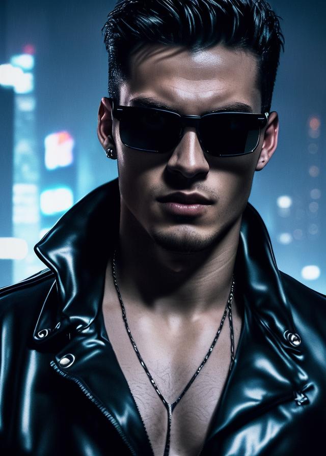 Artificial Intelligence (AI) generated image art, night portrait, ((dark lighting)), (urban background), photorealistic, cinematic, highly detailed, sharp focus (((60 kilogram))), (((fit body))), (((healthy)) (( 20 years old)) wearing sunglasses and a black unbuttoned shirt, highly detailed, UHD, 8K, Ghost in the shell, Blade Runner, Trending on artstation, bokh, dof\\\\\\\"