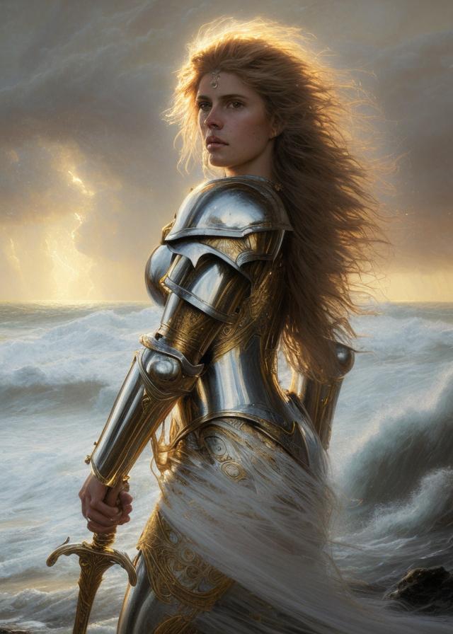 Artificial Intelligence (AI) generated image art, ..., as fantasy, beautiful, female, knight, after battle, kneeling, holding sword in right hand, (right hand of Zeus on her left shoulder), (full white armor with gold symbols), long, flowing hair, ((portrait and torso)), digital, epic scene, epic light (highly detailed), (faded image of a lion in background sky), storms and raging ocean in background, sharp faces, by Greg Rutkowski and Klimt and Gaston Bussiere, tired expression, 4K, intricate detailed, fine details, artstation, masterpiece