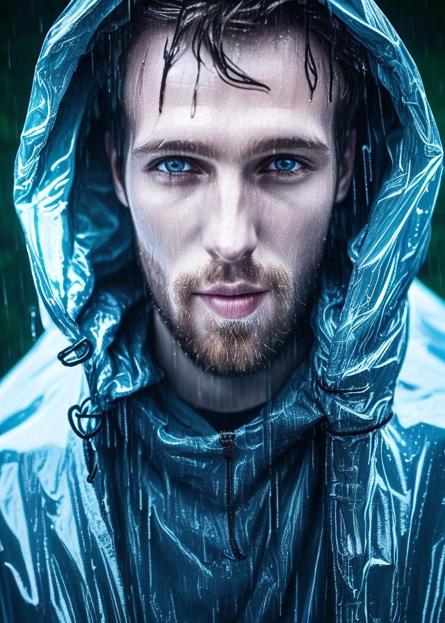 Artificial Intelligence (AI) generated image art, ..., portrait, night light, rain, (wet hair), wet raincoat, (glowing, smooth face) ((highly detailed eyes)) mysterious atmosphere, highly detailed