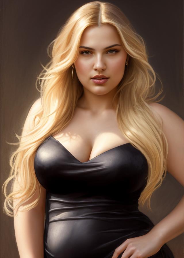 Artificial Intelligence (AI) generated image art, ..., handsome half body portrait of a beautiful well-formed lady, elegant posture, friendly but serious expression, plump body, long blonde hair and large bust, cinematic lighting, dramatic side light, by gaston bussiere, bayard wu, greg rutkowski, giger, maxim verehin