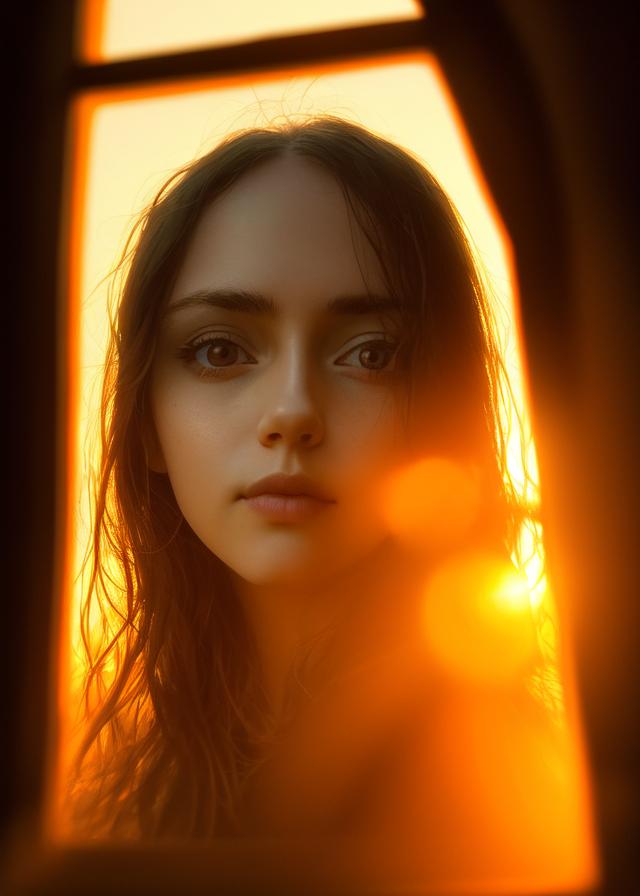 Artificial Intelligence (AI) generated image art, portrait, camera photo, golden hour, illuminated face, small old window with sunset, bathed in orange light, (glowing skin) (highly detailed and natural eyes) dreamy and gloomy atmosphere, detailed face, highly detailed, 8k