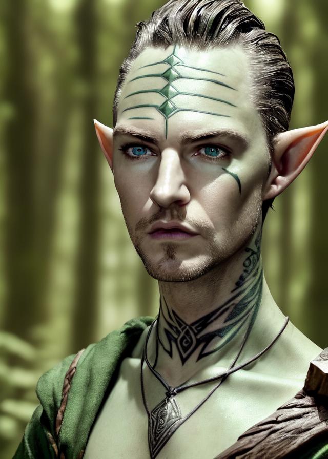 Artificial Intelligence (AI) generated image art, ..., ((portrait)), fantasy wood elf, (pointy elf ears, pale green skin, small forehead tattoo)), ((fantasy ranger)), man bun hair, close up, facing front, dnd art, (art by Greg Rutkowski), highly detailed, sharp focus, 4k, ((in a forest)), (((magic glow)))