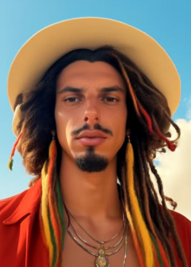 Artificial Intelligence (AI) generated image art, ... as a 60\'s hippie, smoking, Rastafarian hat, retro asthetic, symmetrical face, clear facial features, art by greg rutkowski