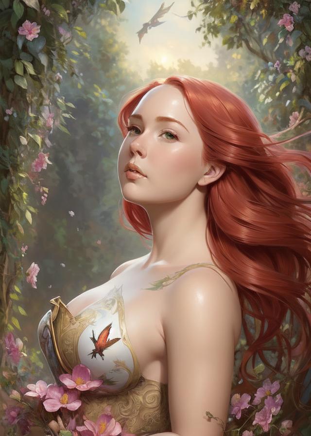 Artificial Intelligence (AI) generated image art, ..., ((portrait)), beautiful red haired fairy princess, highly detailed illustration, in a garden holding a bunch of wild flowers, deep focus, d & d, fantasy, intricate, elegant, highly detailed, digital painting, artstation, concept art, sunset, matte, sharp focus, illustration, hearthstone, art by artgerm and greg rutkowski and alphonse mucha and marco mazzoni