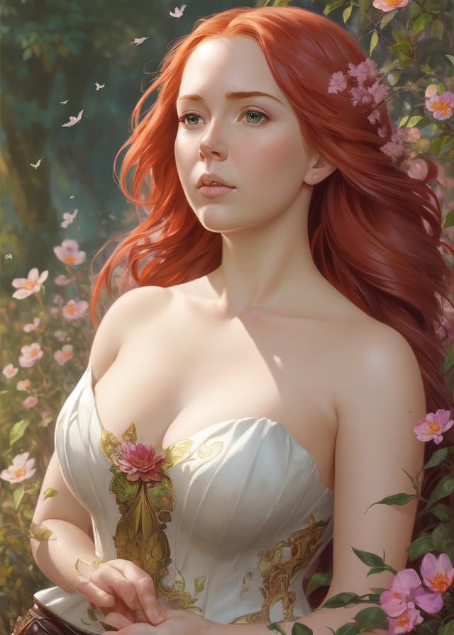 Artificial Intelligence (AI) generated image art, ..., ((portrait)), beautiful red haired fairy princess, highly detailed illustration, in a garden holding a bunch of wild flowers, deep focus, d & d, fantasy, intricate, elegant, highly detailed, digital painting, artstation, concept art, sunset, matte, sharp focus, illustration, hearthstone, art by artgerm and greg rutkowski and alphonse mucha and marco mazzoni