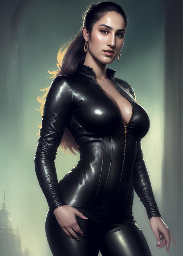 Artificial Intelligence (AI) generated image art, ..., handsome halfbody representation of a beautiful well-formed woman, elegant posture, full body, very large bust, long straight hair, cinematic lighting, dramatic side light, dark uniform background, by gaston bussiere, bayard wu, greg rutkowski, giger, maxim verehin