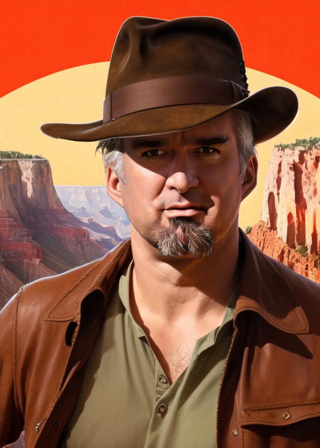 Artificial Intelligence (AI) generated image art, ((...)) as Indiana Jones, portrait, Grand Canyon background, epic, cinematic lighting, 4k, sharp focus, art by greg rutkowskicute ..., (intricate soviet propaganda poster), illustration, sharp focus, retro, boris kriukov