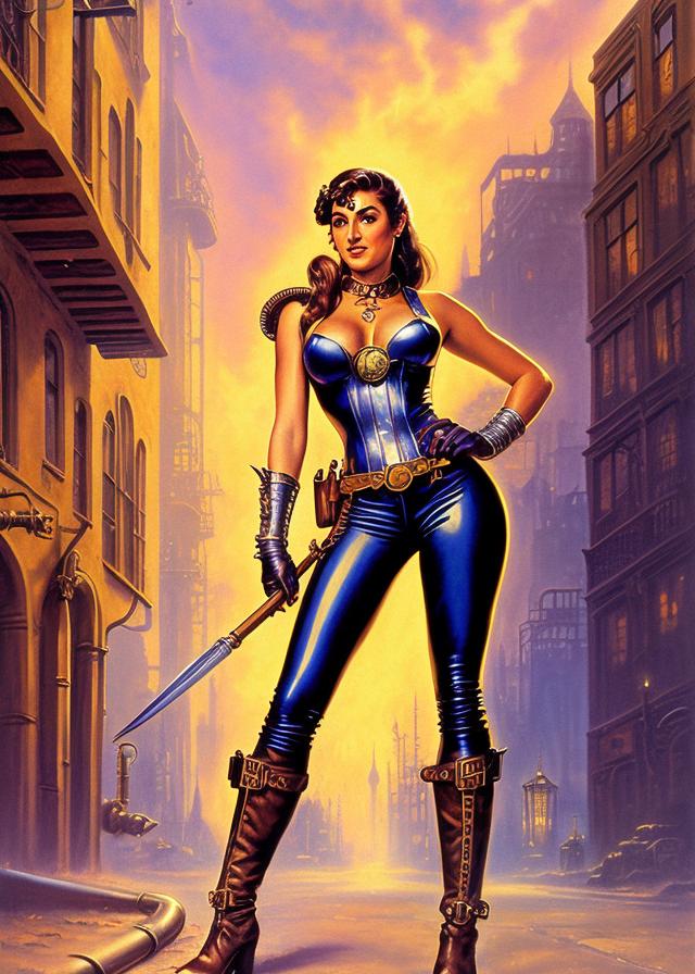 Artificial Intelligence (AI) generated image art, (classic fantasy pulp book cover art), (...) looking in steampunk industrialized street, art by Boris Vallejo, 80s fantasy art, portrait, city street