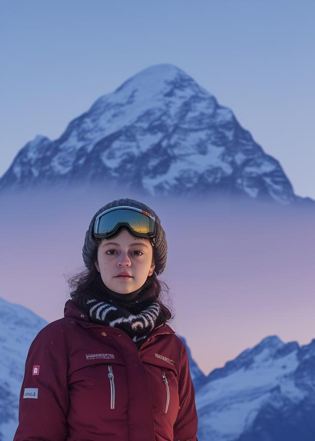 Artificial Intelligence (AI) generated image art, ..., realistic portrait, woman with winter gear, ((dusk)), ((winter)), ((swiss alps background)), ((ski attire))