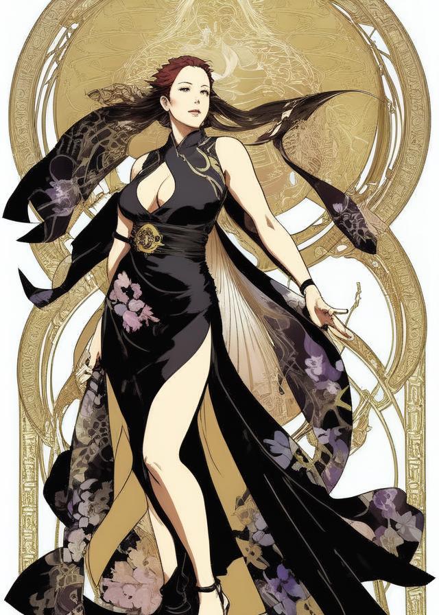 Artificial Intelligence (AI) generated image art, ..., yoji shinkawa, art nouveau goddess, full body