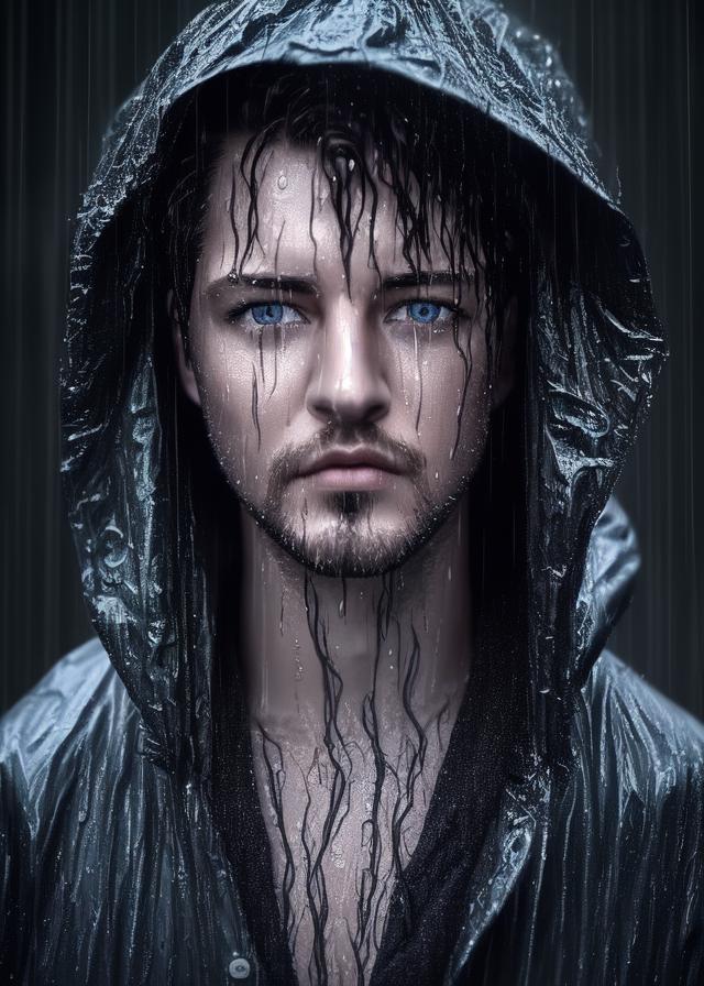 Artificial Intelligence (AI) generated image art, ..., portrait, night light, rain, (wet hair), wet raincoat, (glowing, smooth face) ((highly detailed eyes)) mysterious atmosphere, highly detailed