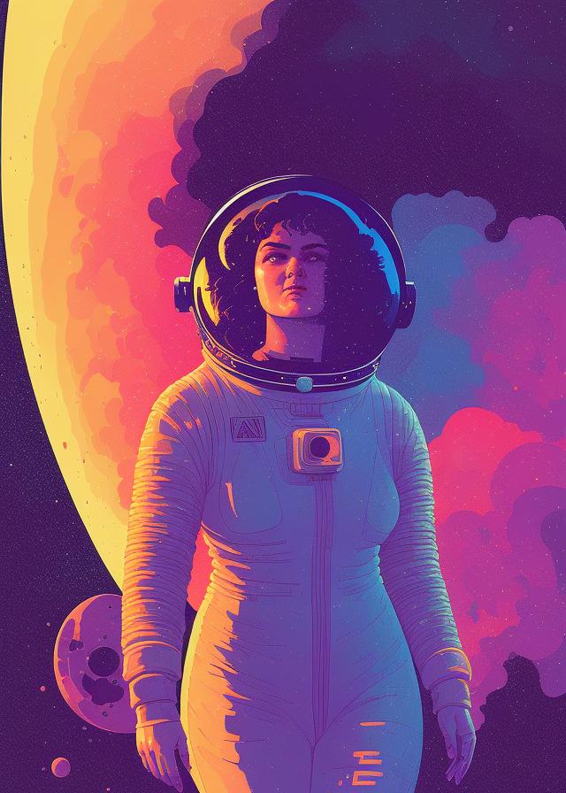 Artificial Intelligence (AI) generated image art, ..., ( ( dither ) ), editorial illustration young astronaut woman in space, modern art deco, colorful, ( ( mads berg ) ), christopher balaskas, victo ngai, rich grainy texture, detailed, dynamic composition, wide angle, moebius, matte print