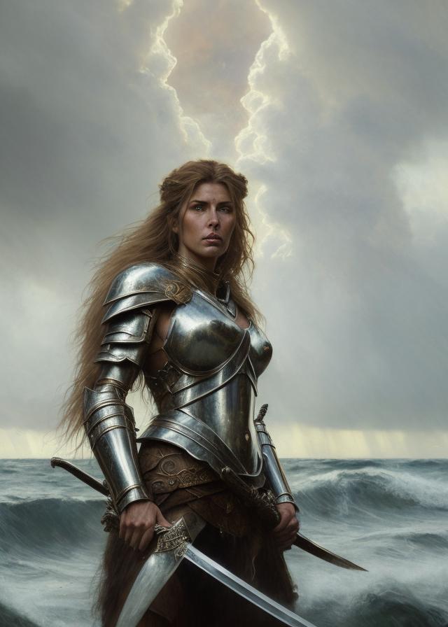 Artificial Intelligence (AI) generated image art, ..., as fantasy, beautiful, female, samarai, after battle, kneeling, holding sword in right hand, (right hand of Zeus on her left shoulder), (full armor), long, flowing hair, ((portrait and torso)), digital, epic scene, epic light (highly detailed), (faded image of a lion in background sky), storms and raging ocean in background, sharp faces, by Greg Rutkowski and Klimt and Gaston Bussiere, tired expression, 4K, intricate detailed, fine details, artstation, masterpiece