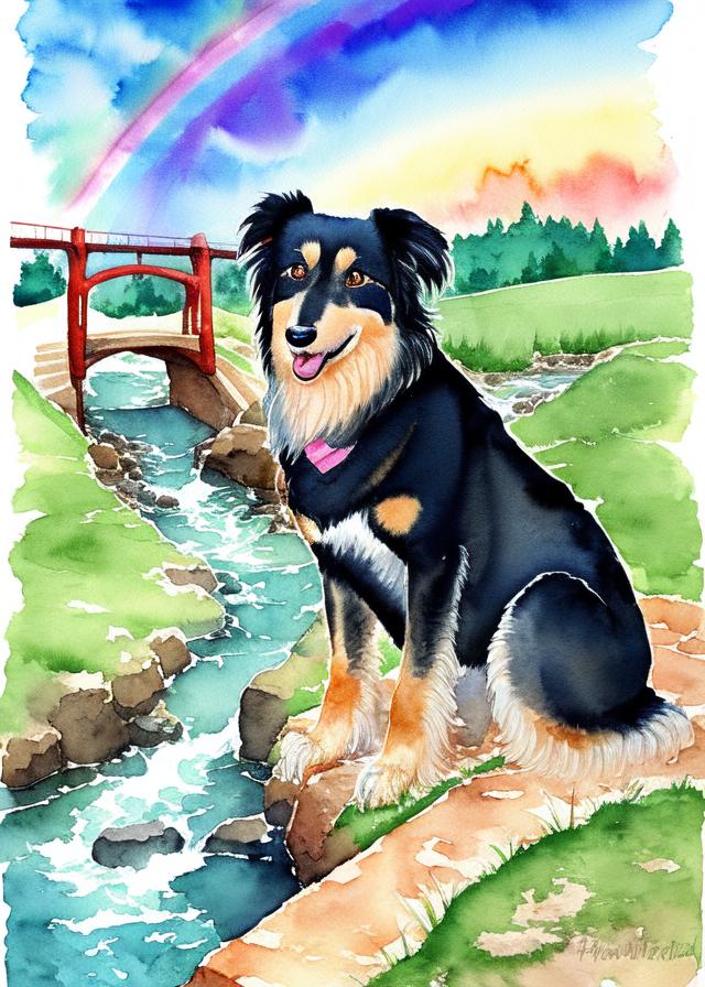 Artificial Intelligence (AI) generated image art, ..., illustration, watercolor, front view, stream with bridge, rainbow in background, heavenly background