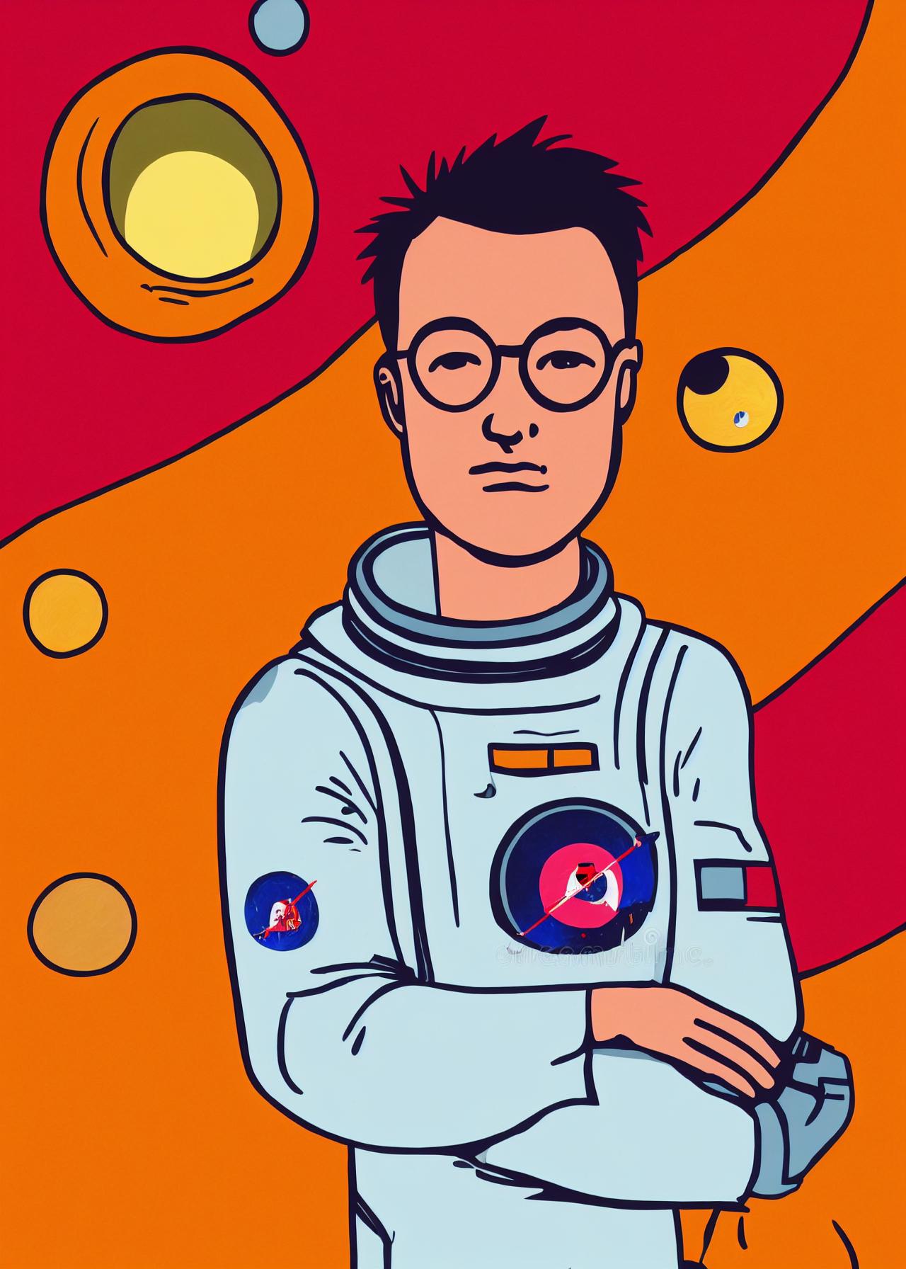 Artificial Intelligence (AI) generated image art, (...), ( ( dither ) ), portrait, editorial illustration young astronaut man in space, modern art deco, colorful