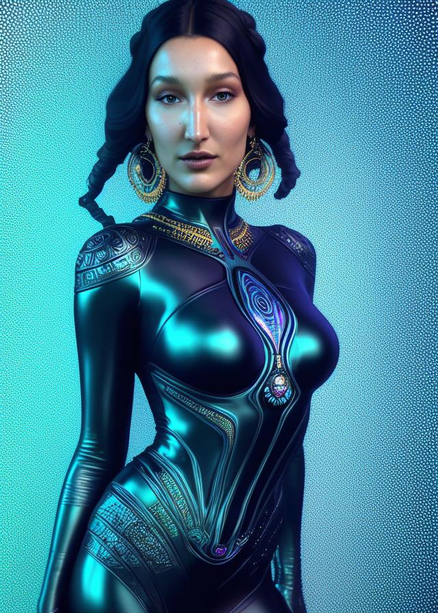 Artificial Intelligence (AI) generated image art,  portrait of a beautiful ancient alien ..., goddess bella hadid aphrodite standing in iris van herpen dress jewelry and fractals in style of alphonse mucha art nuvo dmt trending on artstation made in unreal engine 4