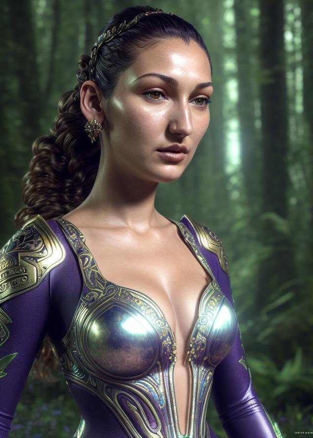 Artificial Intelligence (AI) generated image art, a portrait of a beautiful ancient alien ...,  goddess bella hadid aphrodite standing in iris van herpen dress jewelery and fractals in style of alphonse mucha art nuvo dmt trending on artstation made in unreal engine 4