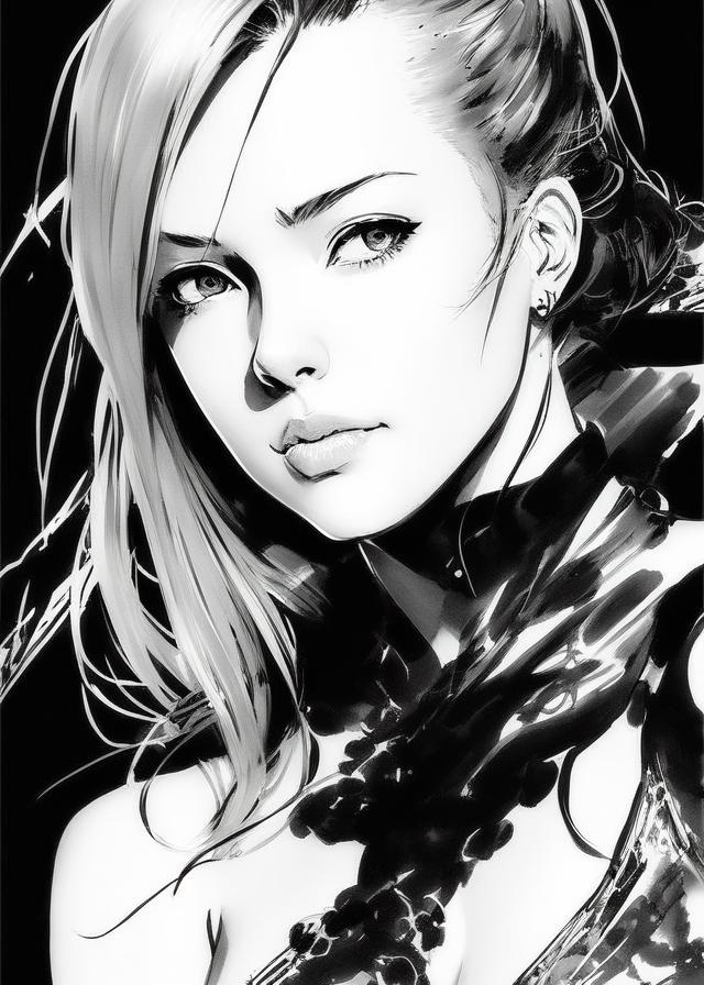 Artificial Intelligence (AI) generated image art, (beautiful), feminine ..., yoji shinkawa, b&w, pencil drawing, ink, manga, concept art