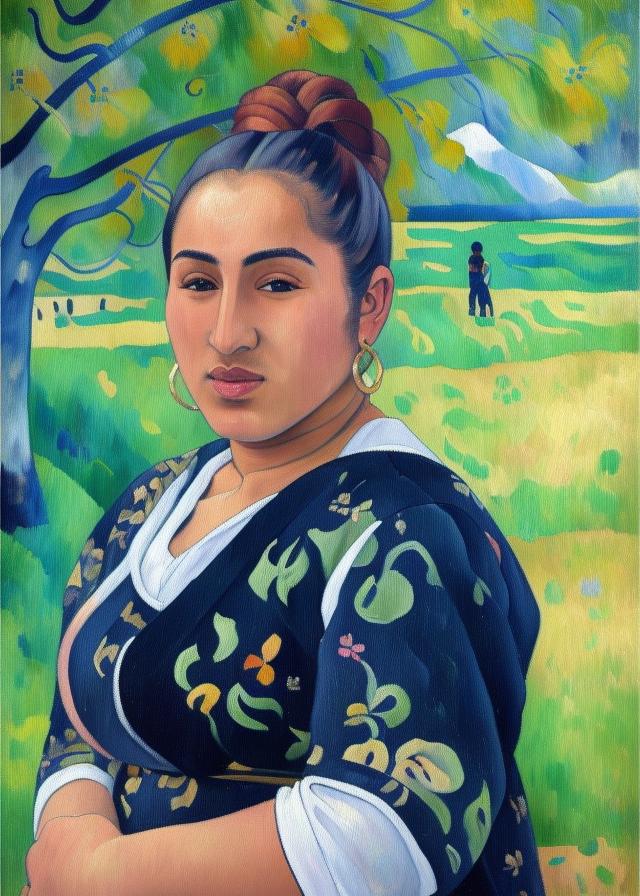 Artificial Intelligence (AI) generated image art, ..., in an (((oil painting in the style of Paul Gauguin))), reduced details, broad brush strokes, torso of ..., dressed in a white blanket, brown skin, bare head and shoulders, long black straight hair with a white flower.