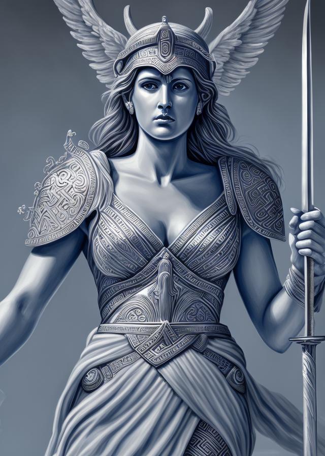 Artificial Intelligence (AI) generated image art, ..., (painted portrait) as Athena, goddess of war, Greek god, blue and grey flowing gown, intricate, elegant, highly detailed, digital painting, illustration, concept art, smooth, sharp focus, symmetric face, cinematic, detailed face, holding sword, award winning photo