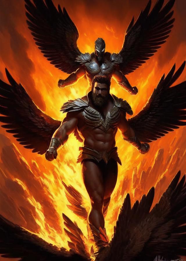 Artificial Intelligence (AI) generated image art, (...) as hawkman portrait, art by greg rutkowski, flames, sunset,